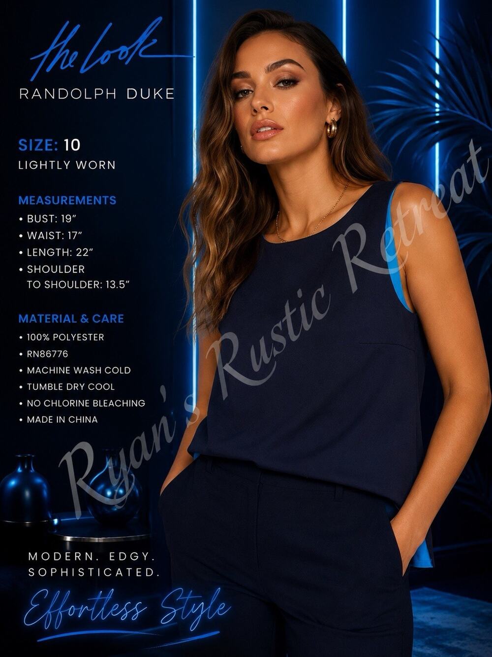 The Look Randolph Duke Sleeveless Navy Blue Blouse Top Women’s Size 10 NWT DK